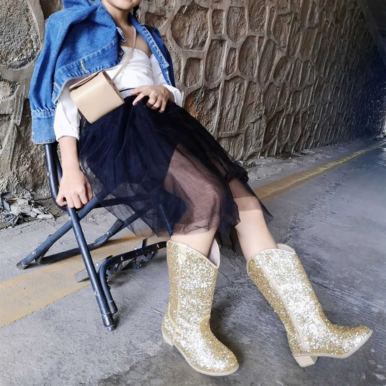 Girls Cowboy Western Boots Knee Length Sequins Fashion Riding Shoes Kids Mid Calf Low Heel Toddler Short Boots for Girls
