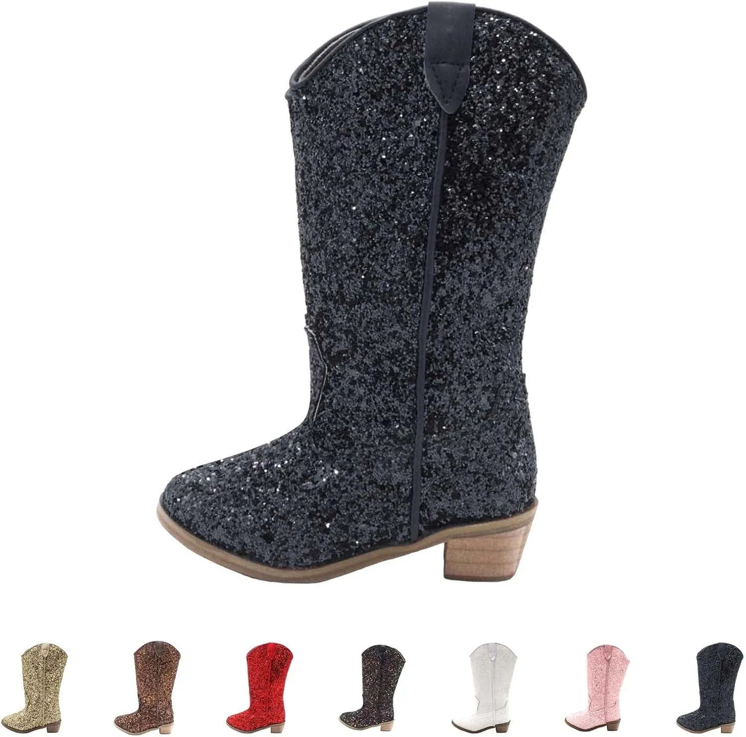 Girls Cowboy Western Boots Knee Length Sequins Fashion Riding Shoes Kids Mid Calf Low Heel Toddler Short Boots for Girls