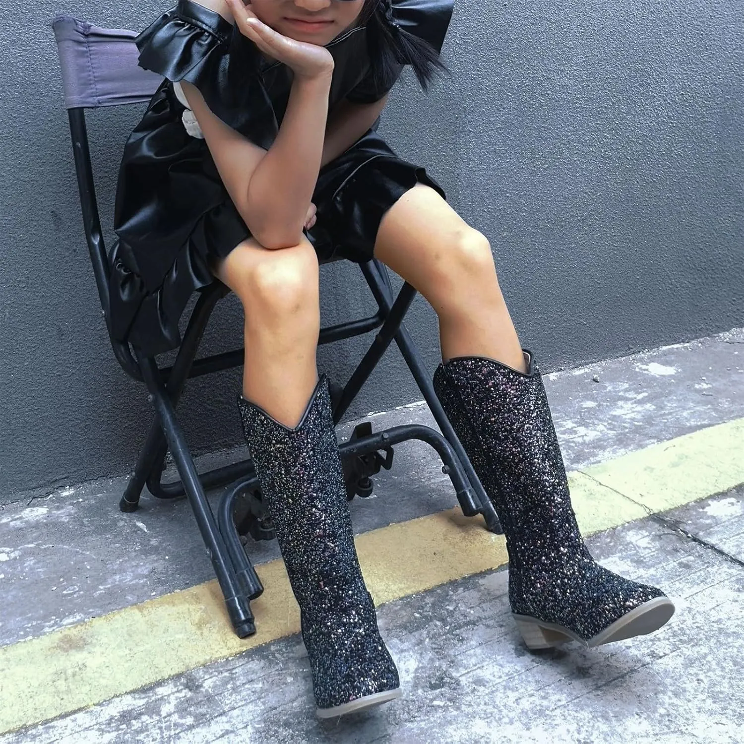 Girls Cowboy Western Boots Knee Length Sequins Fashion Riding Shoes Kids Mid Calf Low Heel Toddler Short Boots for Girls