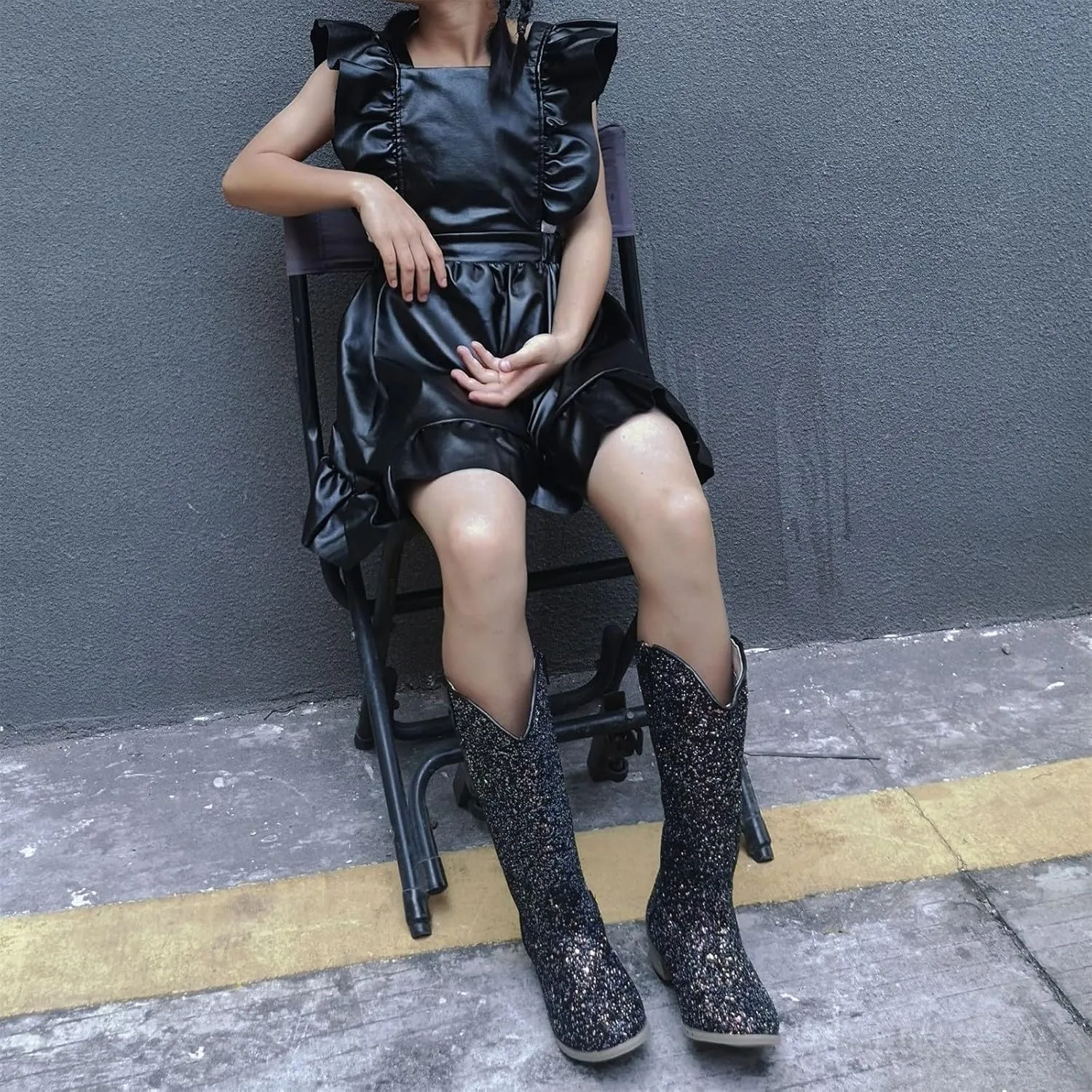 Girls Cowboy Western Boots Knee Length Sequins Fashion Riding Shoes Kids Mid Calf Low Heel Toddler Short Boots for Girls