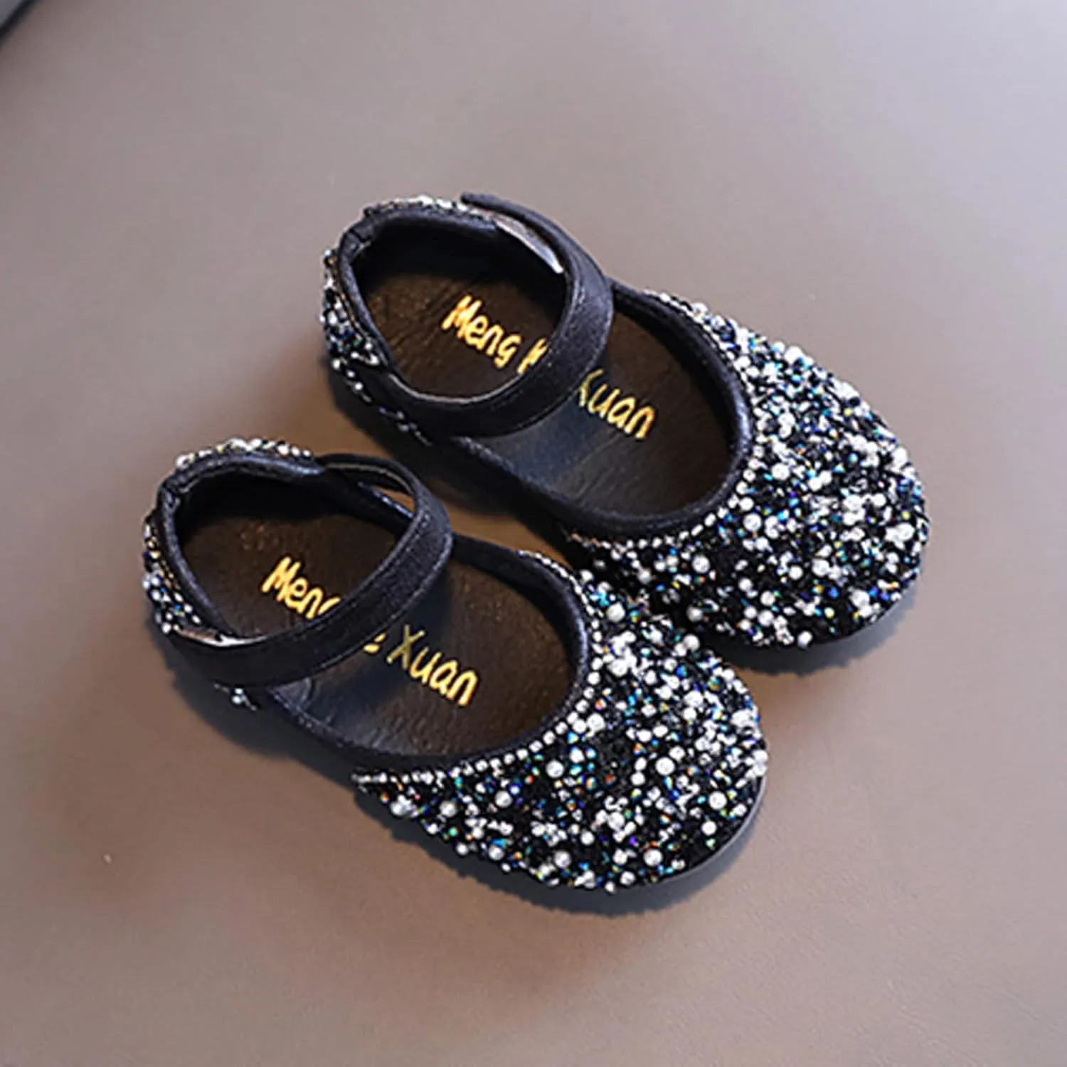 Girls Dress Shoes Flat Princess Shoes Rhinestone Sequins Mary Jane Low Heels for Party Wedding Leather Shoes