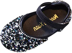 Girls Dress Shoes Flat Princess Shoes Rhinestone Sequins Mary Jane Low Heels for Party Wedding Leather Shoes