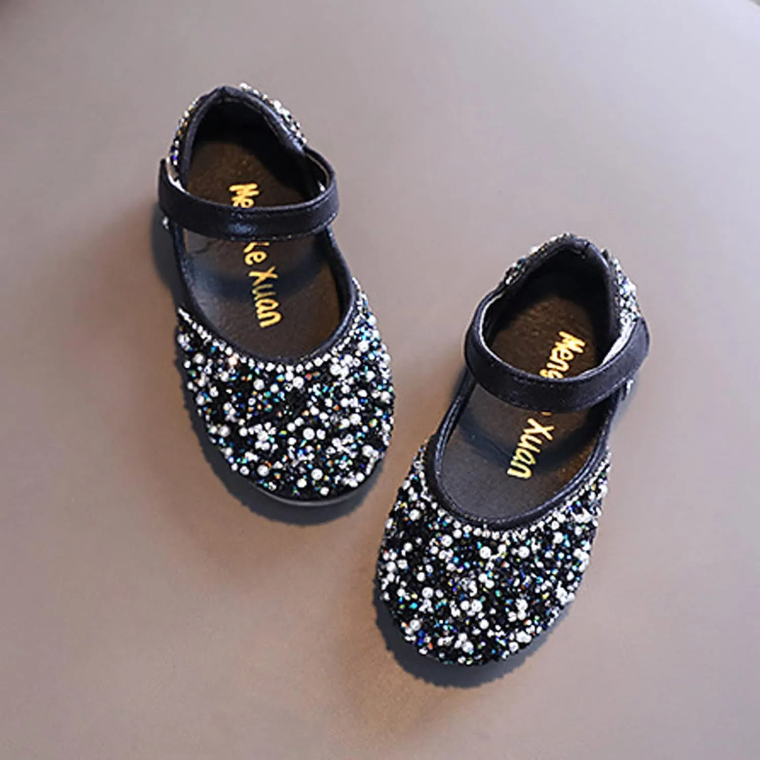 Girls Dress Shoes Flat Princess Shoes Rhinestone Sequins Mary Jane Low Heels for Party Wedding Leather Shoes