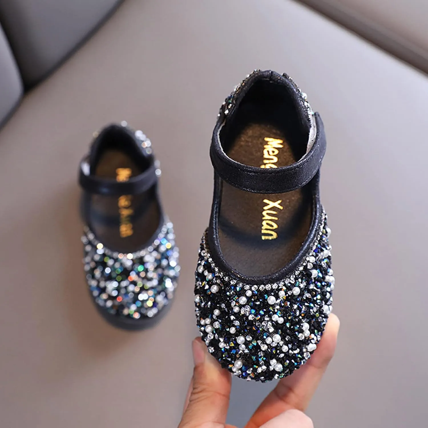 Girls Dress Shoes Flat Princess Shoes Rhinestone Sequins Mary Jane Low Heels for Party Wedding Leather Shoes