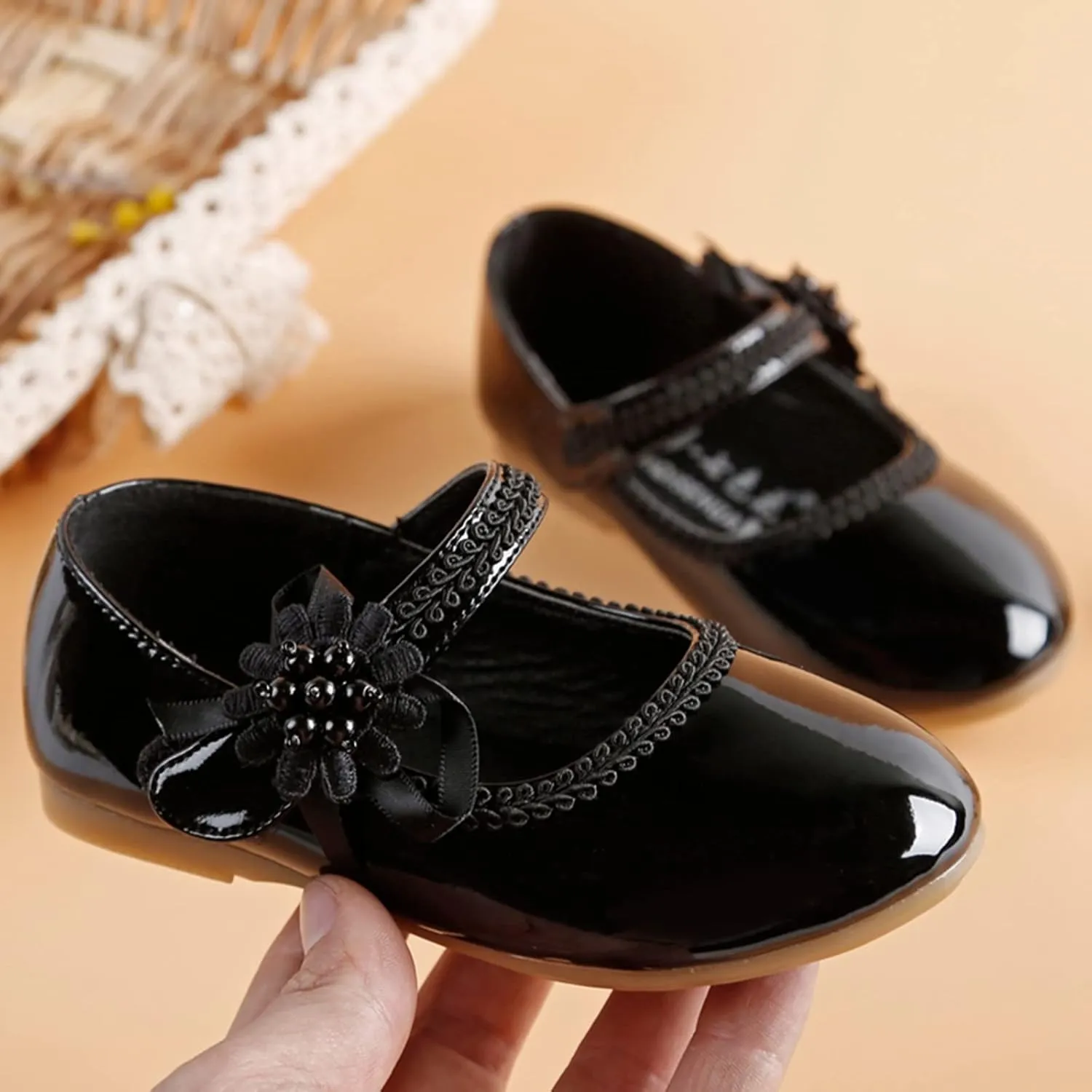 Girls Dress Shoes Toddler Girls Mary Jane with Pearls Low Heels Pumps for Flower Girl Wedding Party Girls School Shoes