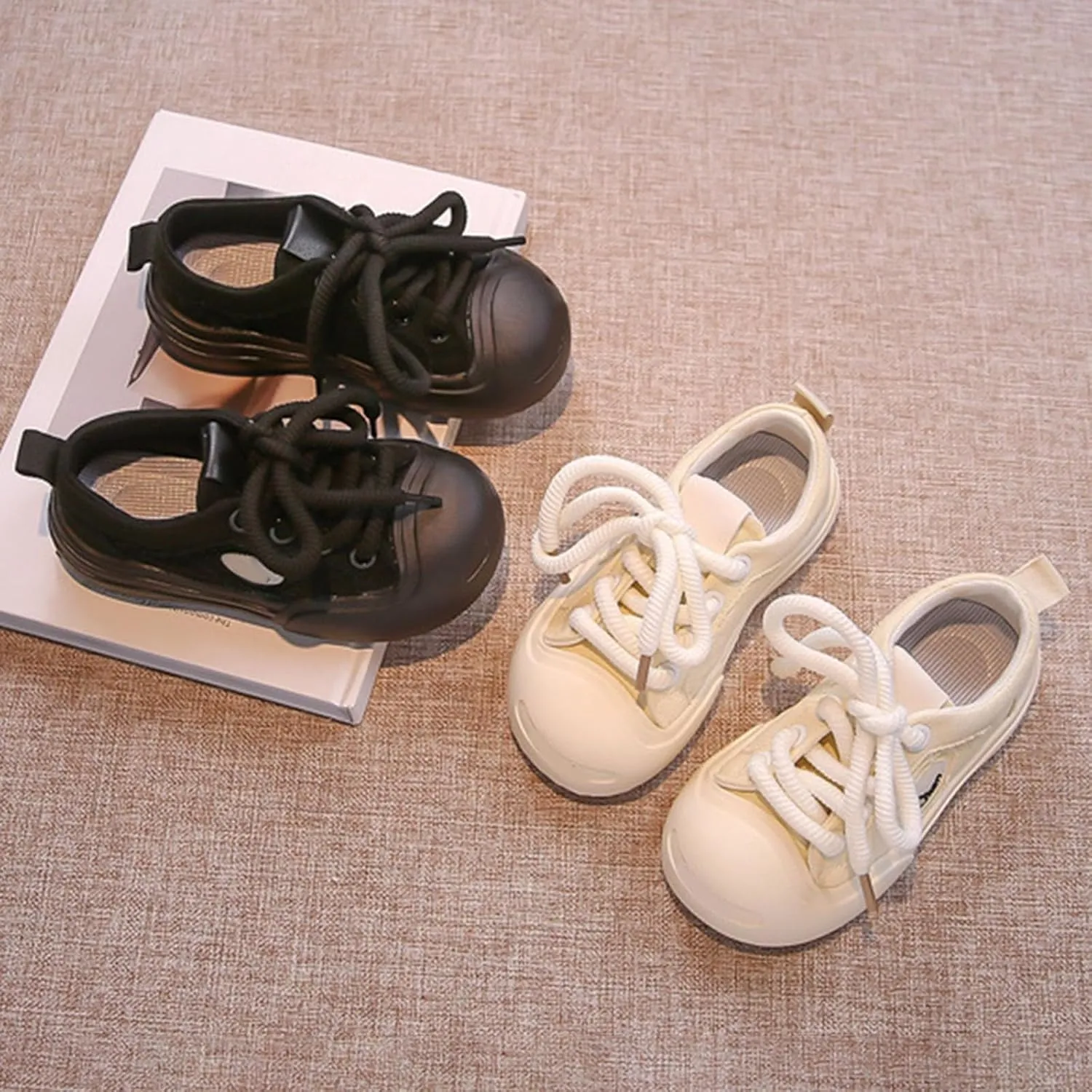 Girls Kids Lace Up Sneakers Walking Shoes Low Top Solid Anti-Slip Shoes Flat Bottom Casual Sports Shoes