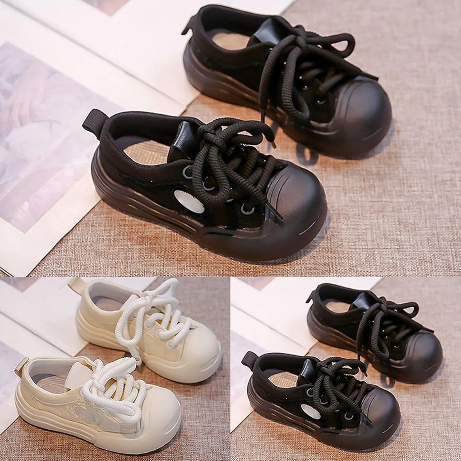 Girls Kids Lace Up Sneakers Walking Shoes Low Top Solid Anti-Slip Shoes Flat Bottom Casual Sports Shoes