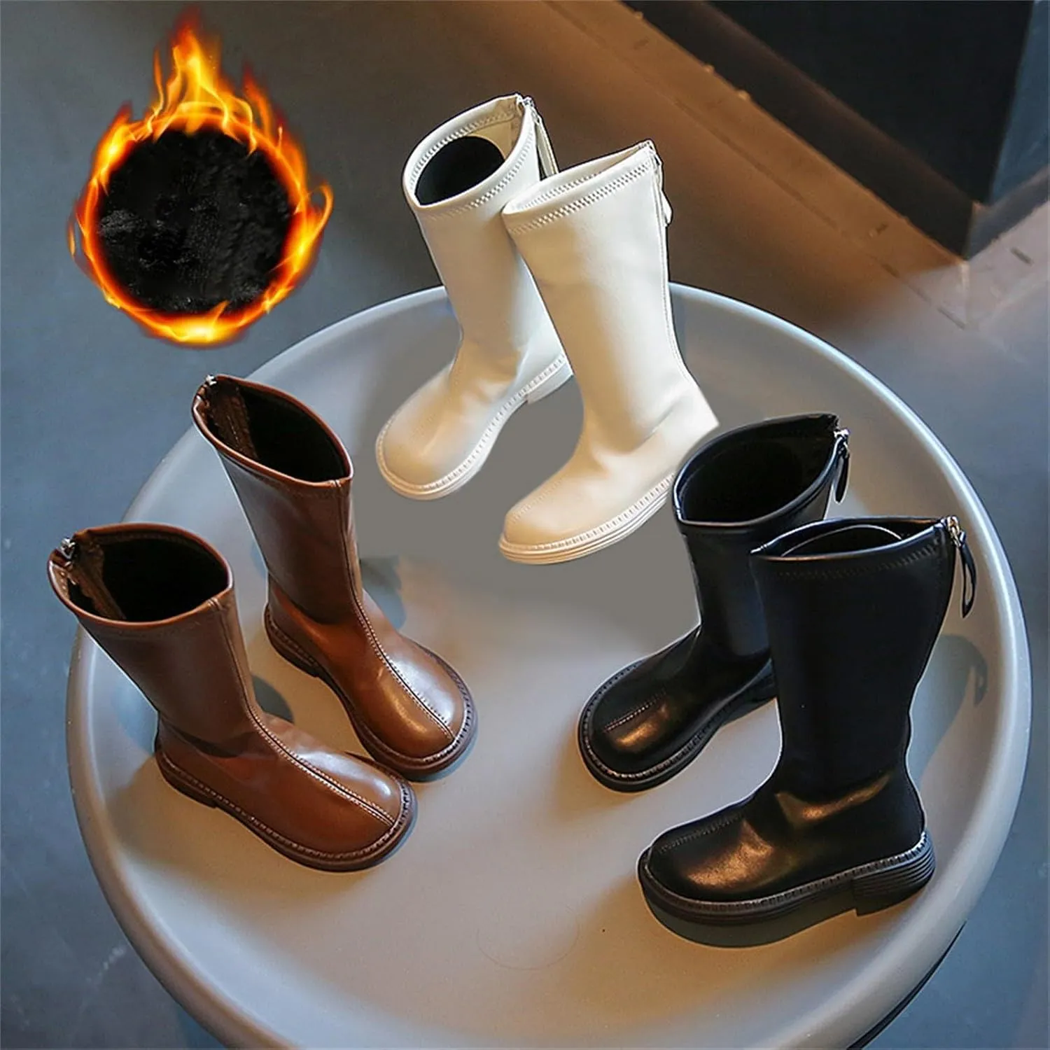 Girls Kids Leather aterproof Boots Long Side Zipper Soft ow Heel Shoes Childrens Outdoor Non Slip Light Comfy Shoes