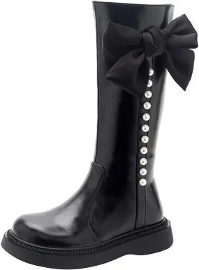 Girls Knee High Boot Leather Zipper Shoes Bowknot Diamond Low Chunky Heel Zipper Fashion Winter Riding Boots