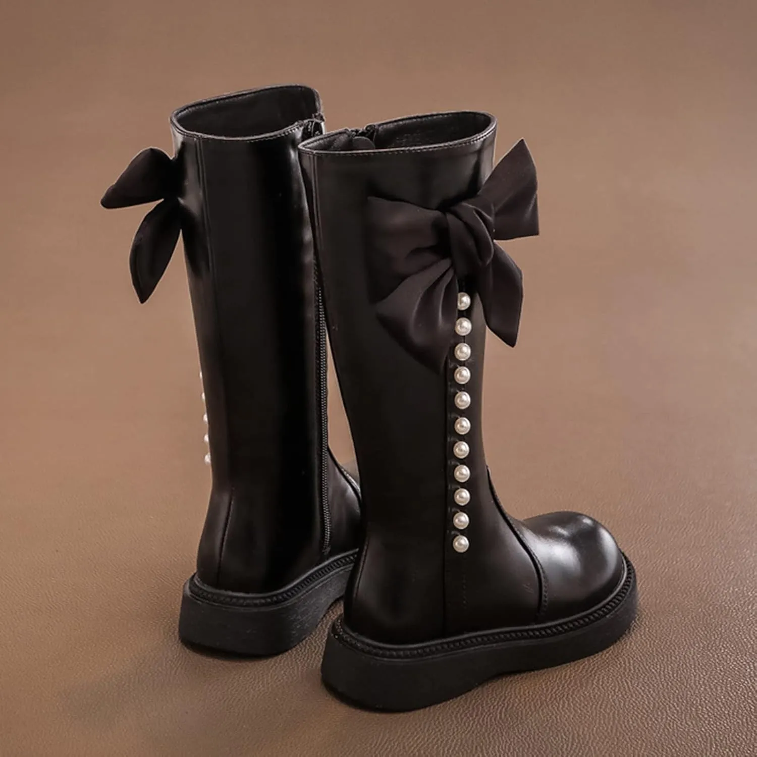 Girls Knee High Boot Leather Zipper Shoes Bowknot Diamond Low Chunky Heel Zipper Fashion Winter Riding Boots