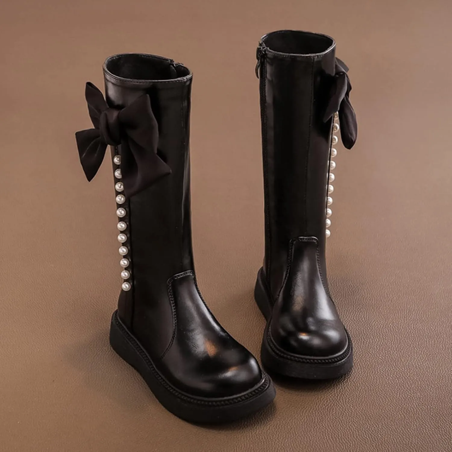 Girls Knee High Boot Leather Zipper Shoes Bowknot Diamond Low Chunky Heel Zipper Fashion Winter Riding Boots