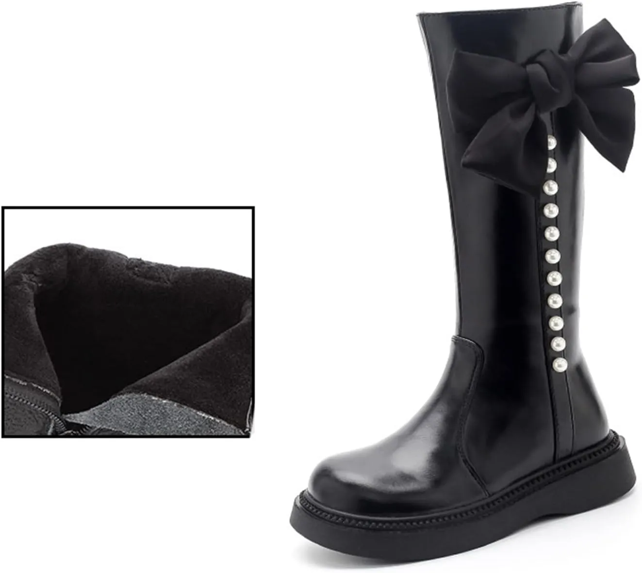 Girls Knee High Boot Leather Zipper Shoes Bowknot Diamond Low Chunky Heel Zipper Fashion Winter Riding Boots