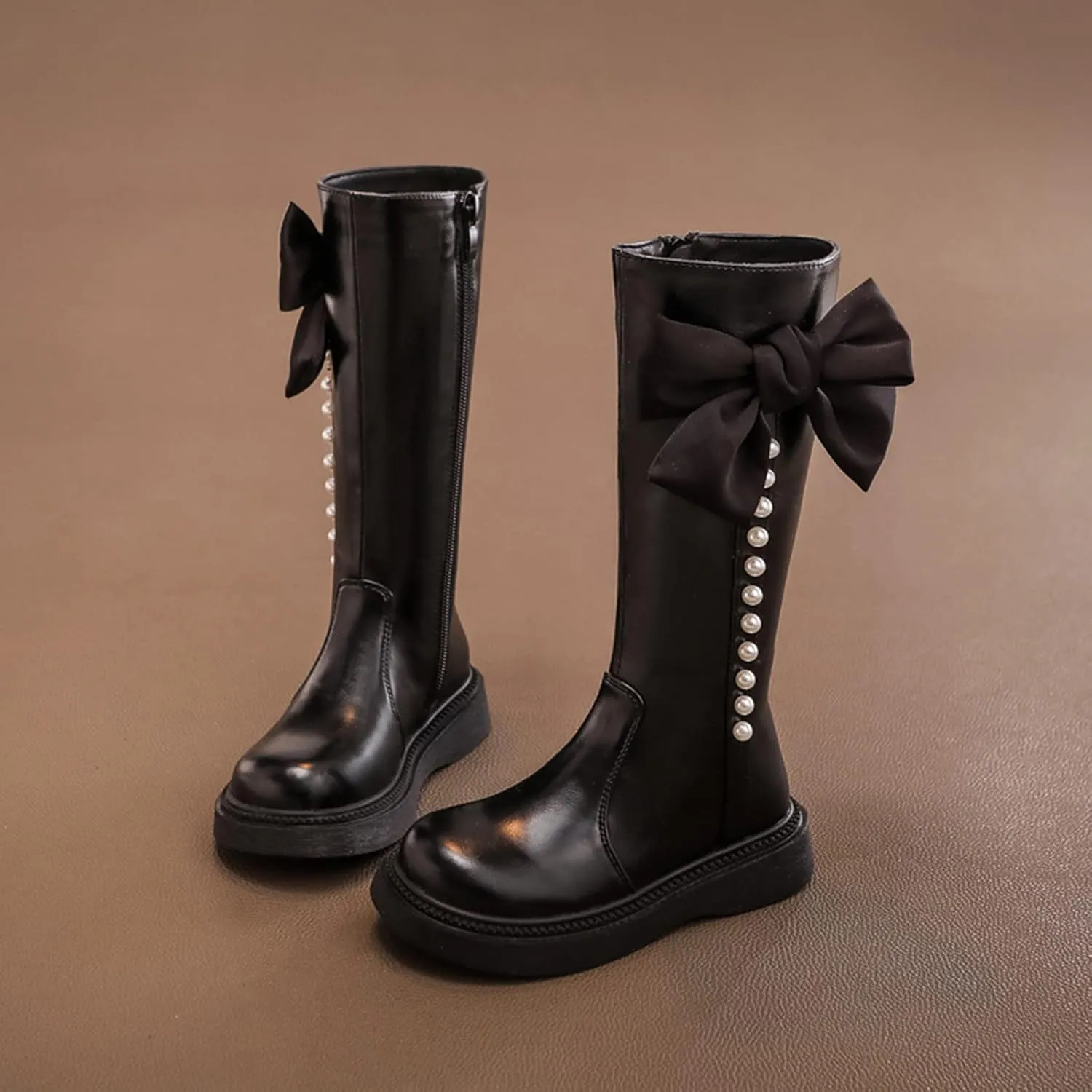 Girls Knee High Boot Leather Zipper Shoes Bowknot Diamond Low Chunky Heel Zipper Fashion Winter Riding Boots