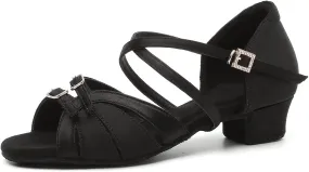 Girls Latin Dance Shoe Satin Salsa Ballroom Low Heel Practice Dance Shoes,Model WLLD28