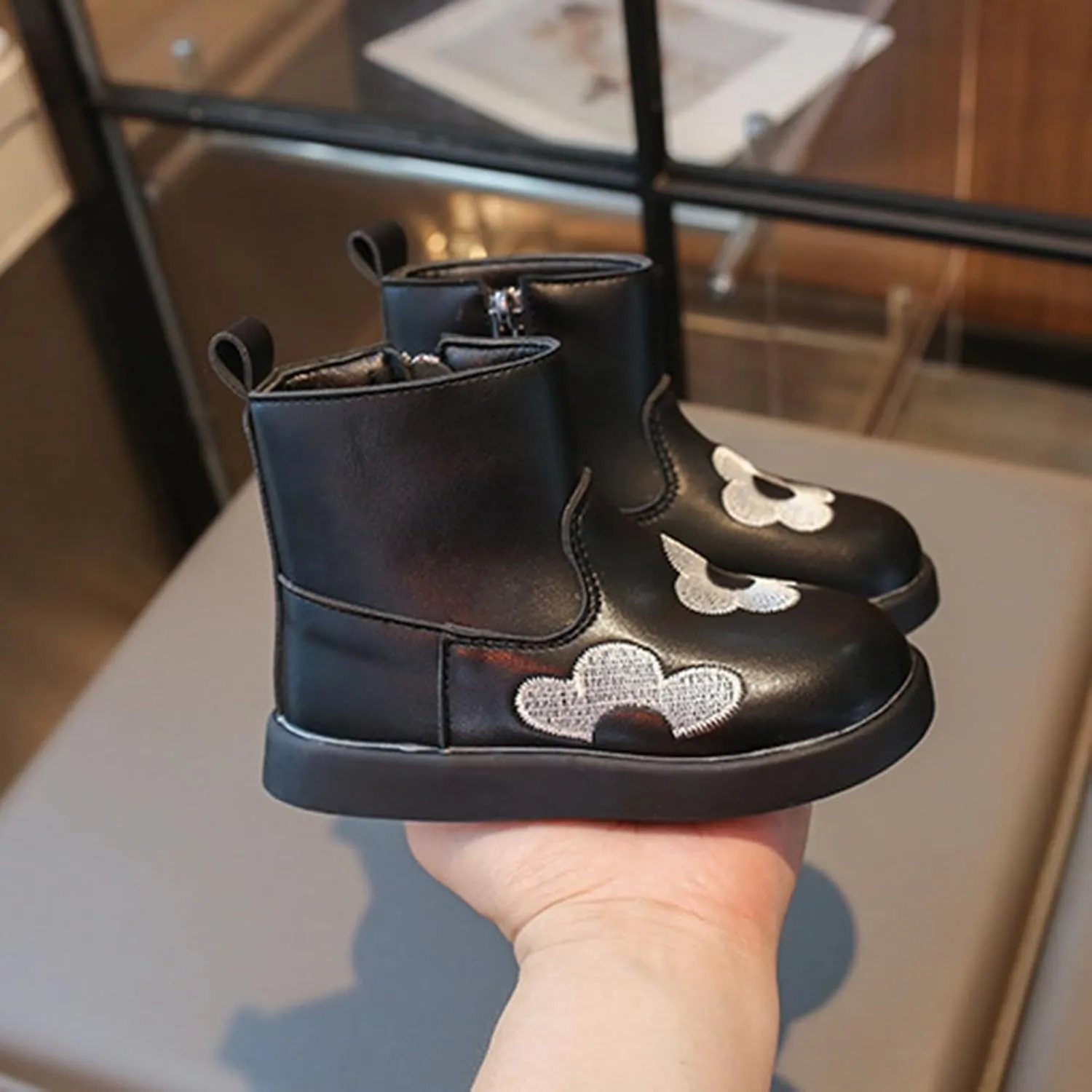 Girls Leather Ankle Boots Waterproof Side Zipper Low Calf Boots Non Slip Winter Short Boots Soft Flat Boots