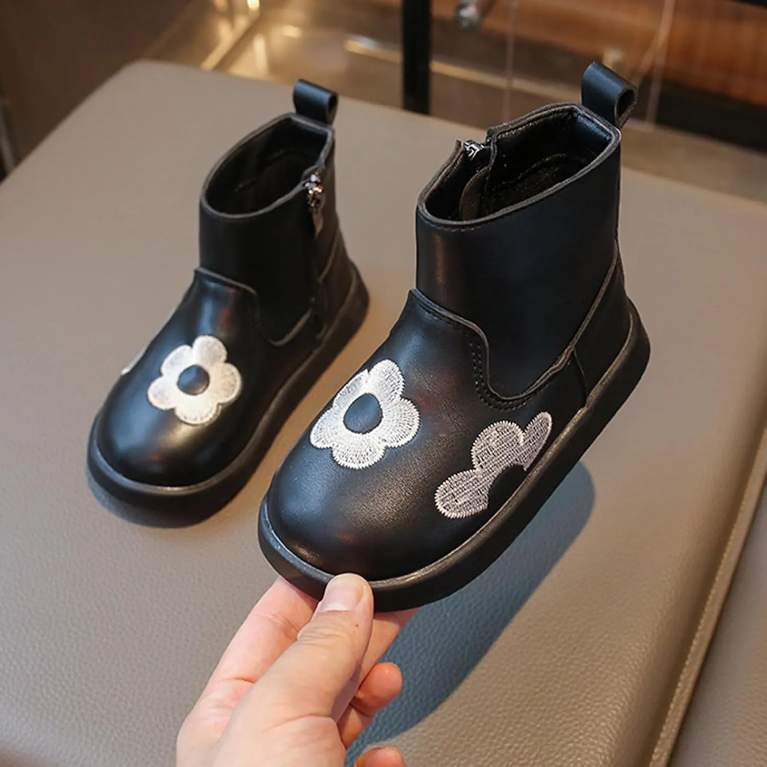 Girls Leather Ankle Boots Waterproof Side Zipper Low Calf Boots Non Slip Winter Short Boots Soft Flat Boots
