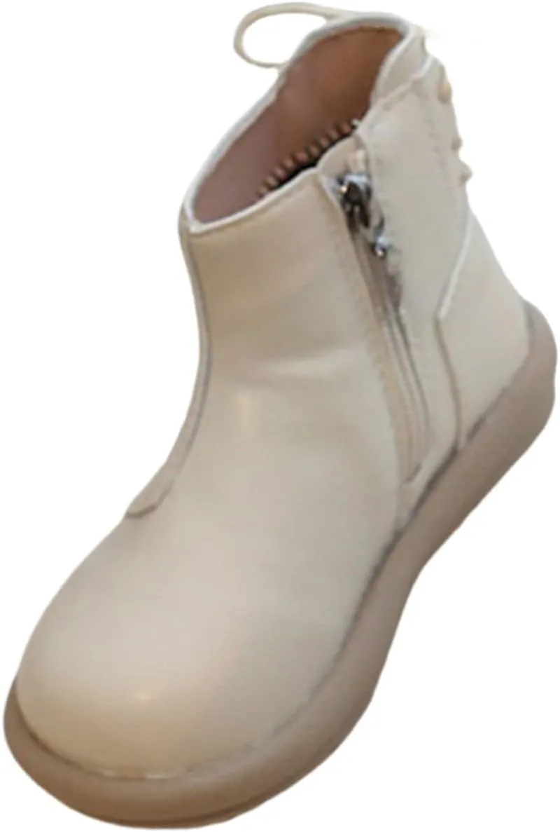 Girls Leather Ankle Boots Waterproof Side Zipper Slip On Boots Round Toe Soft Sole Flat Boots Casual Shoes
