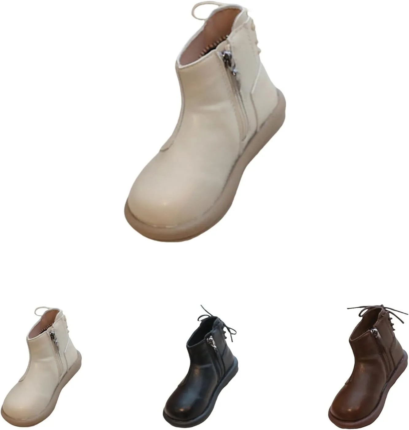Girls Leather Ankle Boots Waterproof Side Zipper Slip On Boots Round Toe Soft Sole Flat Boots Casual Shoes