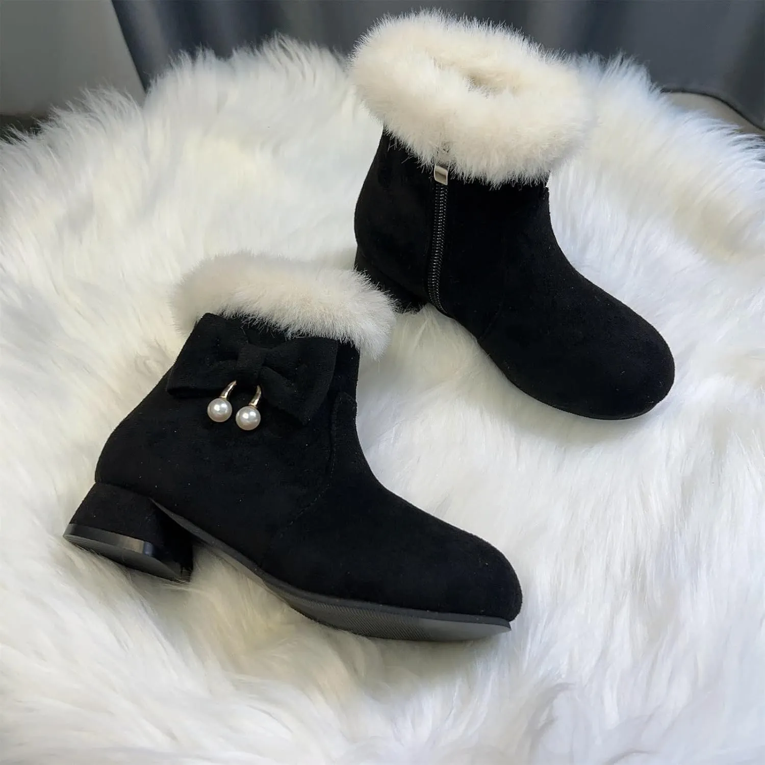 Girls Low Heel Snow Boots Faux Fr Anti Slip Mid Calf Warm Padded Ankle Boots Winter Outdoor Fashion Kids Snow Boot