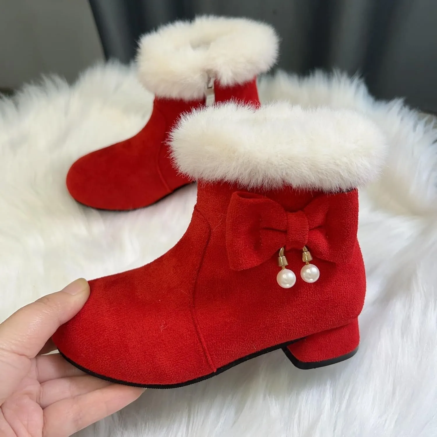 Girls Low Heel Snow Boots Faux Fr Anti Slip Mid Calf Warm Padded Ankle Boots Winter Outdoor Fashion Kids Snow Boot