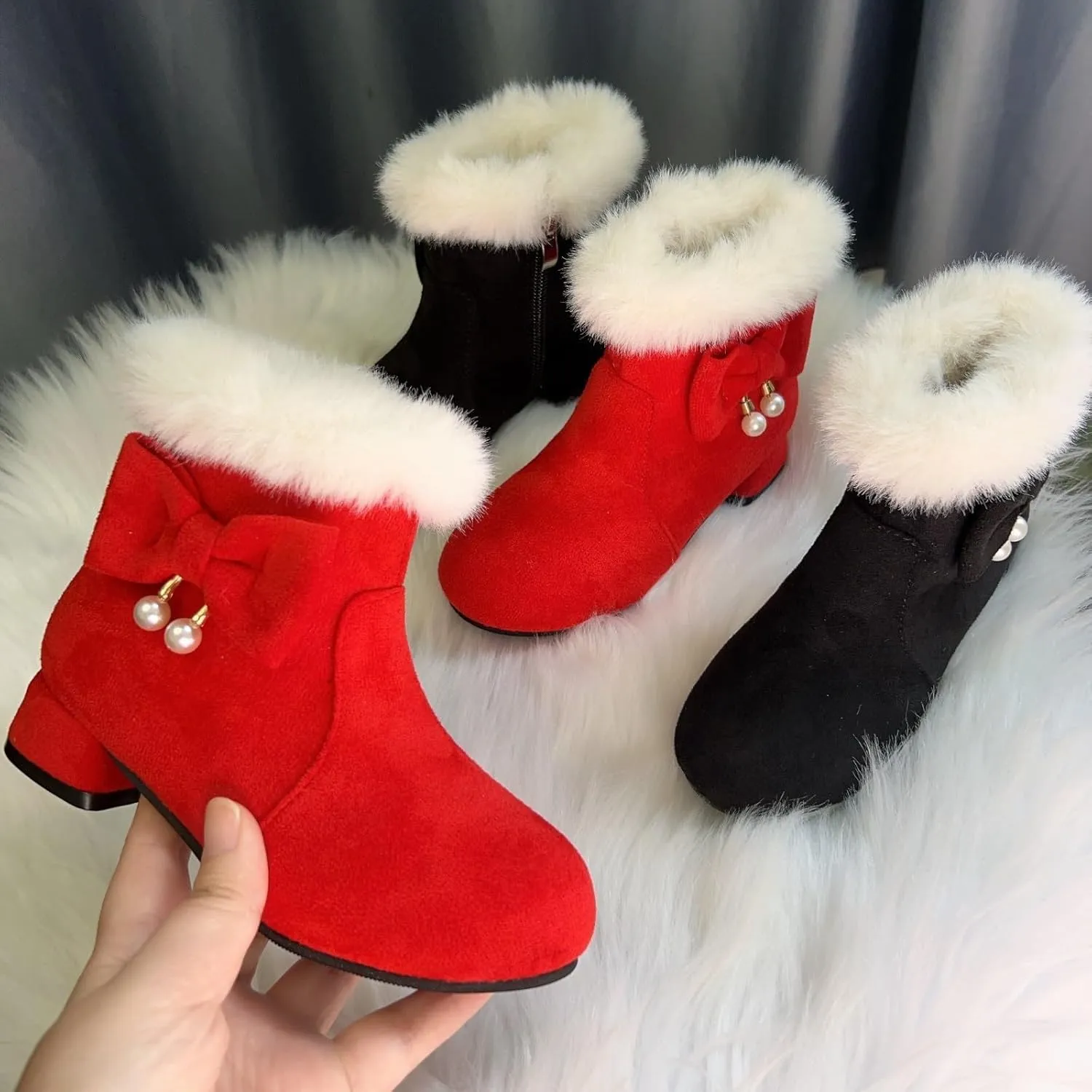 Girls Low Heel Snow Boots Faux Fr Anti Slip Mid Calf Warm Padded Ankle Boots Winter Outdoor Fashion Kids Snow Boot