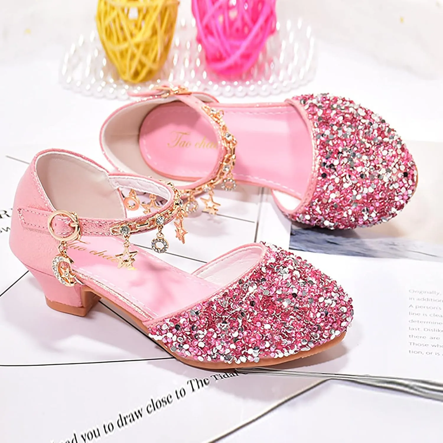 Girls Low Heels Rhinestone Dress Shoes Glitter Sequins Party Dance Shoes Closed Toe Mary Jane for Big Kids
