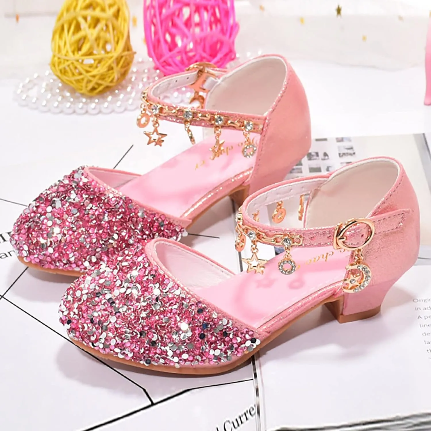 Girls Low Heels Rhinestone Dress Shoes Glitter Sequins Party Dance Shoes Closed Toe Mary Jane for Big Kids