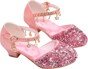 Girls Low Heels Rhinestone Dress Shoes Glitter Sequins Party Dance Shoes Closed Toe Mary Jane for Big Kids