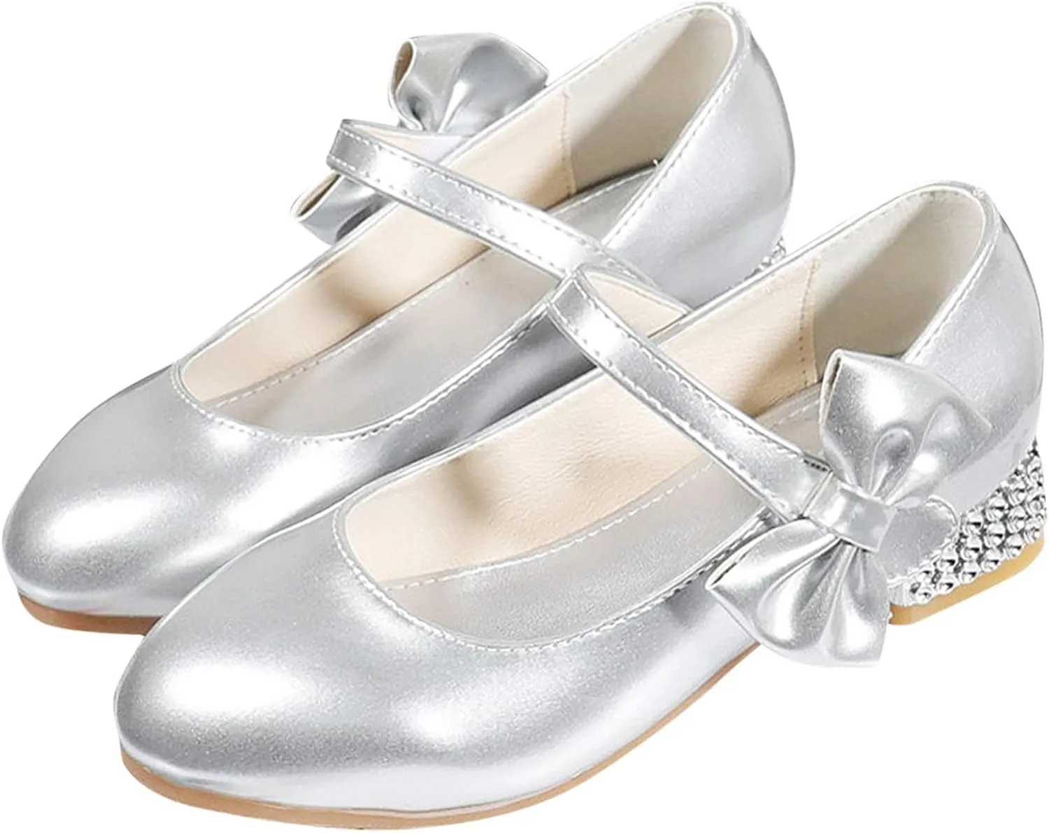 Girls Mary Jane Dress Shoes for Kids Bowknot Hook and Loop Low Heel Flower Girl Wedding Flat Princess Shoes