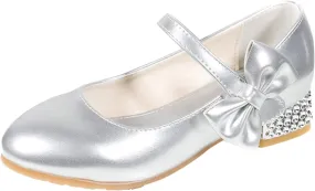 Girls Mary Jane Dress Shoes for Kids Bowknot Hook and Loop Low Heel Flower Girl Wedding Flat Princess Shoes
