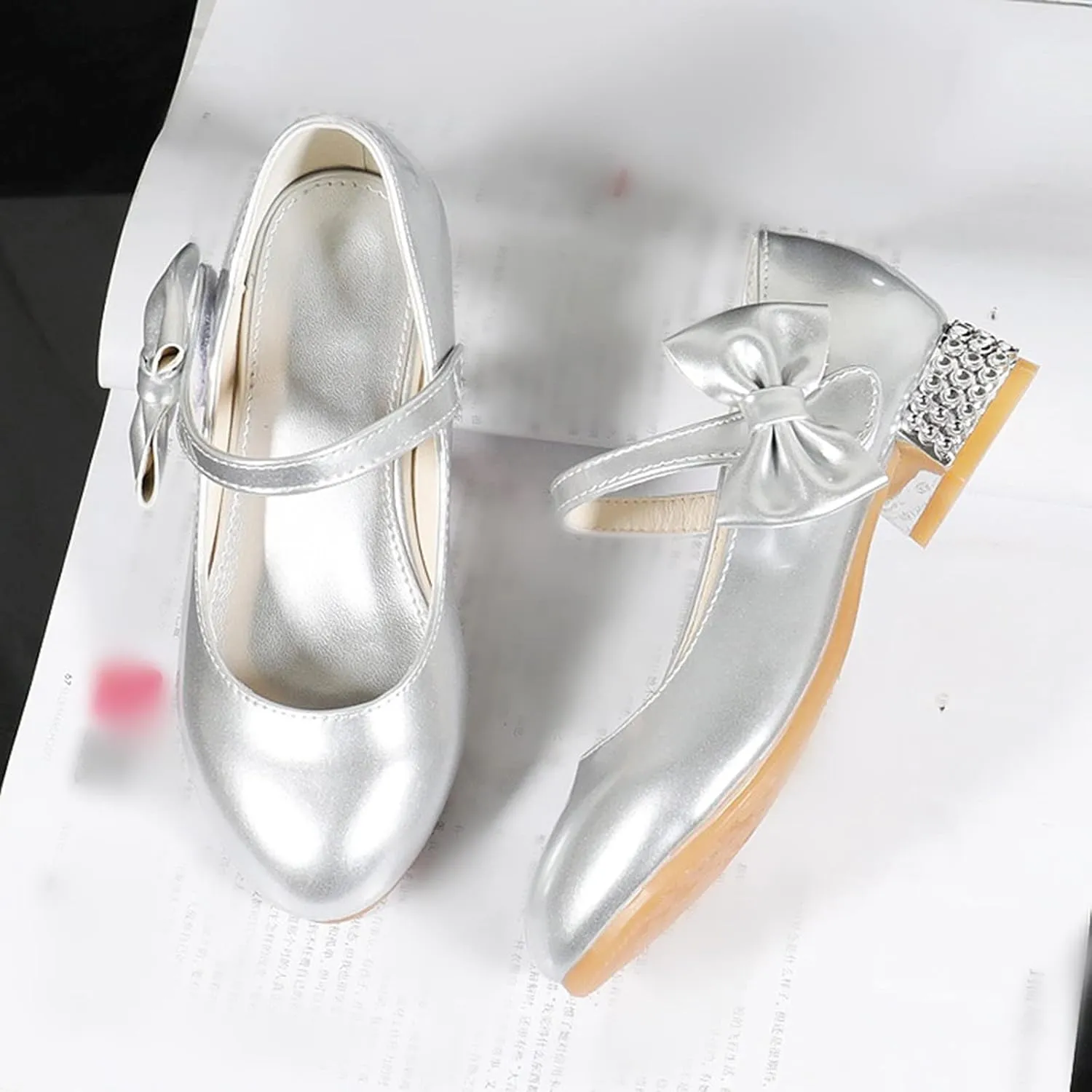 Girls Mary Jane Dress Shoes for Kids Bowknot Hook and Loop Low Heel Flower Girl Wedding Flat Princess Shoes