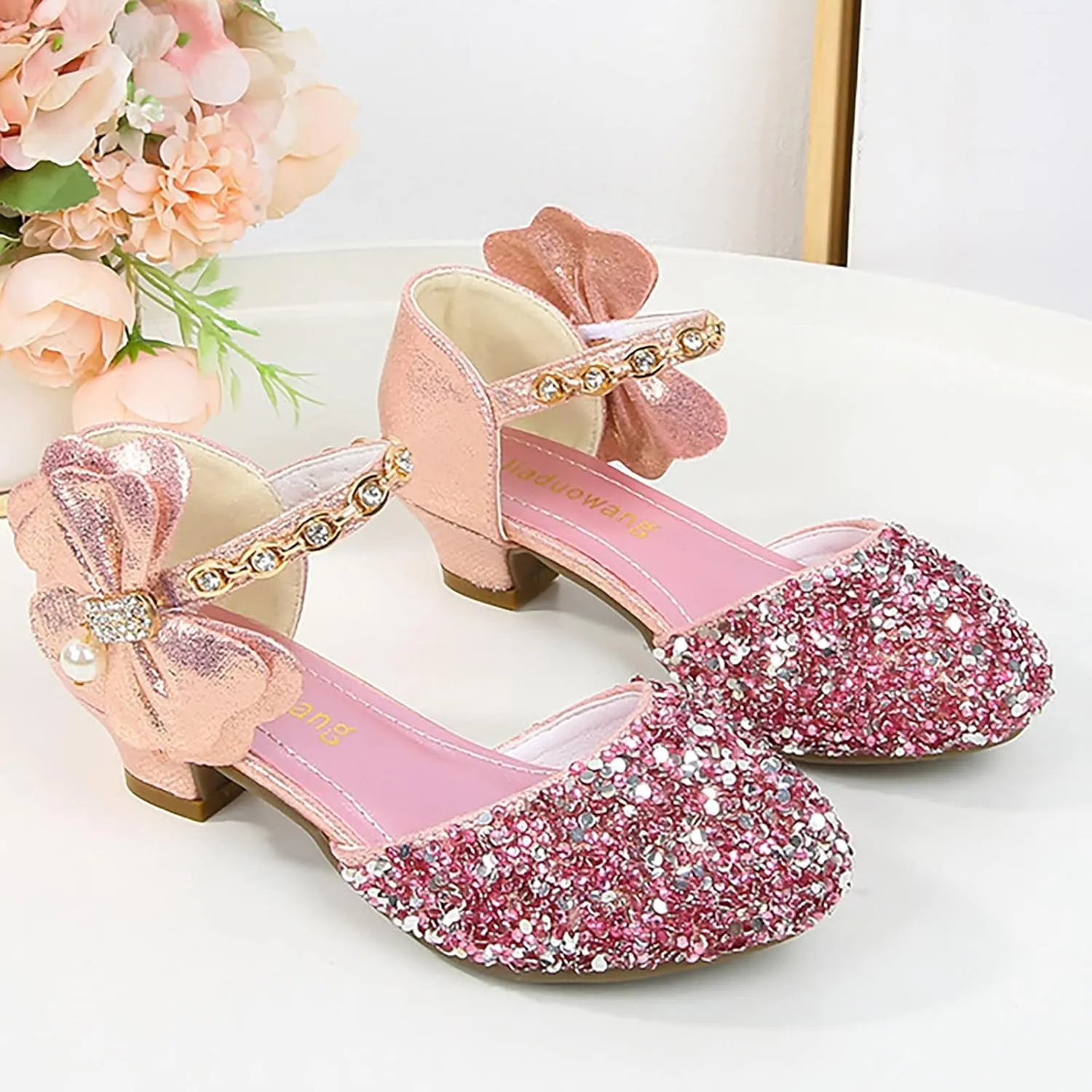 Girls Mary Jane Dress Shoes Rhinestones Bows Flower Girl Wedding Low Heels Pump Shoes Toddler Sandals Kids