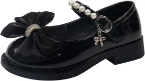 Girls Mary Jane Shoes Bow Pearl Ballerina Flats Ankle Strap Wedding Party School Dress Shoes For Women