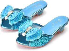Girls Summer Low Heels Crystal Sandals Princess Bowknot Rhinestone Slides Pearl Slippers Shoes