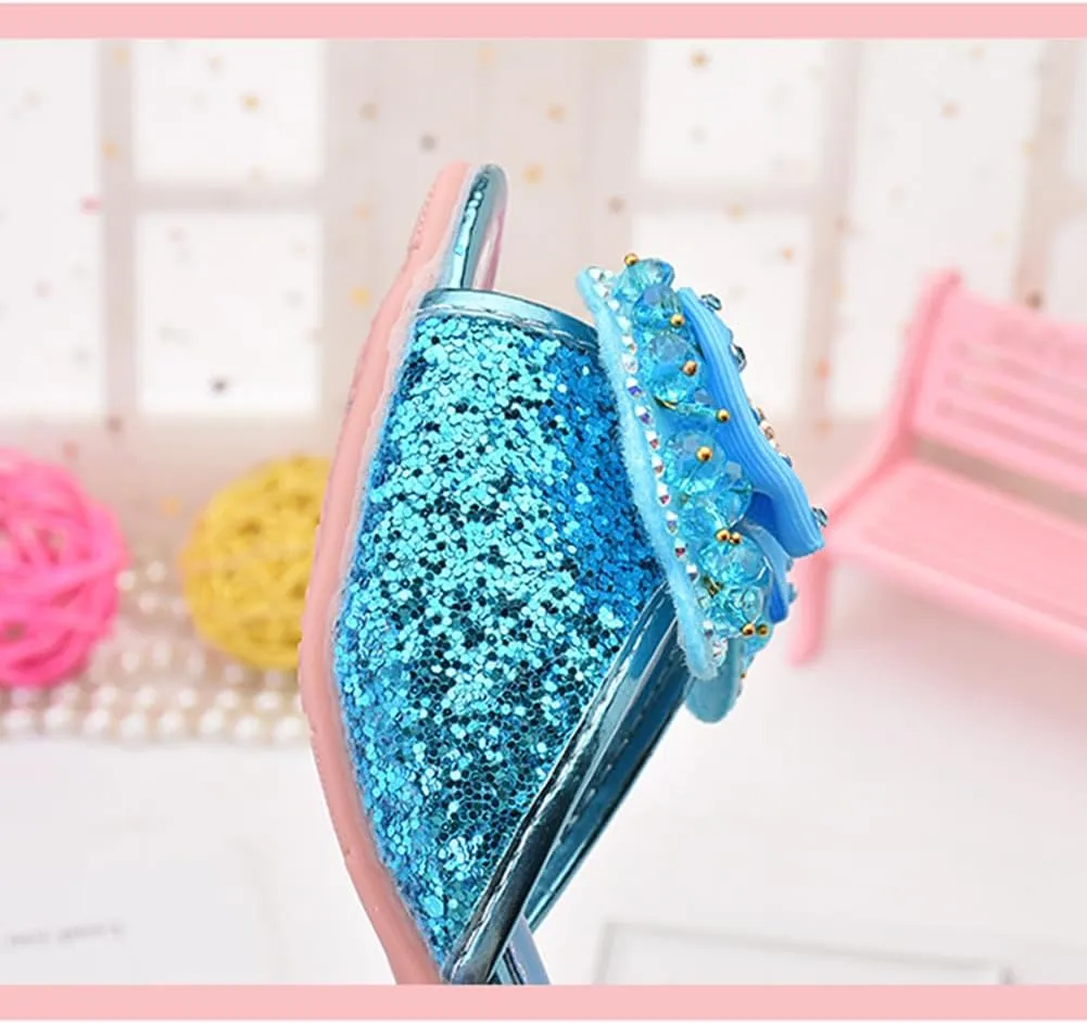 Girls Summer Low Heels Crystal Sandals Princess Bowknot Rhinestone Slides Pearl Slippers Shoes