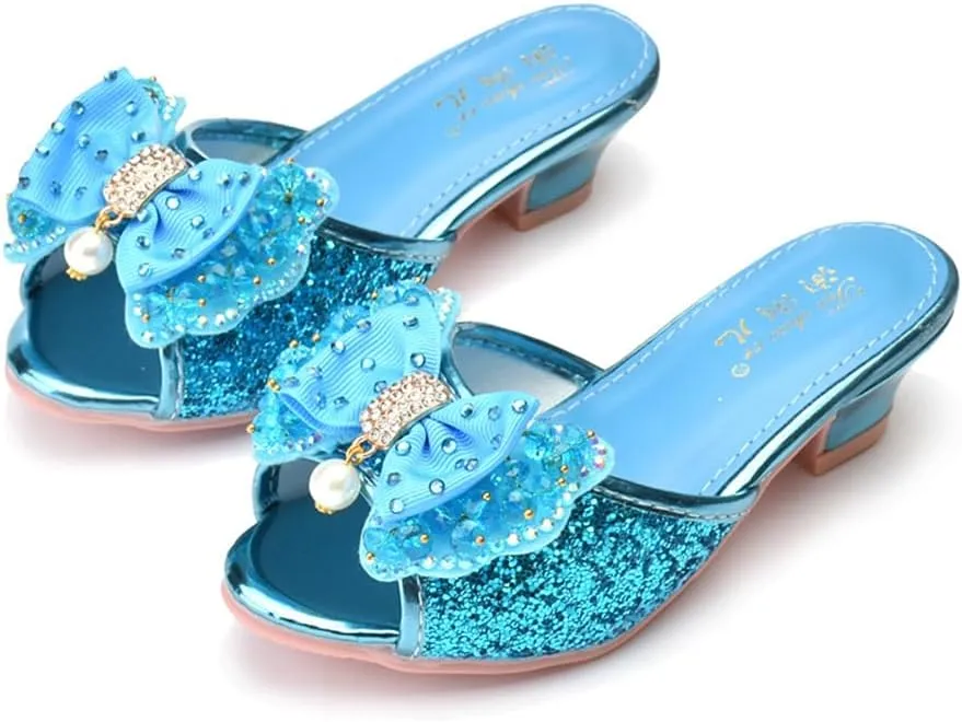 Girls Summer Low Heels Crystal Sandals Princess Bowknot Rhinestone Slides Pearl Slippers Shoes