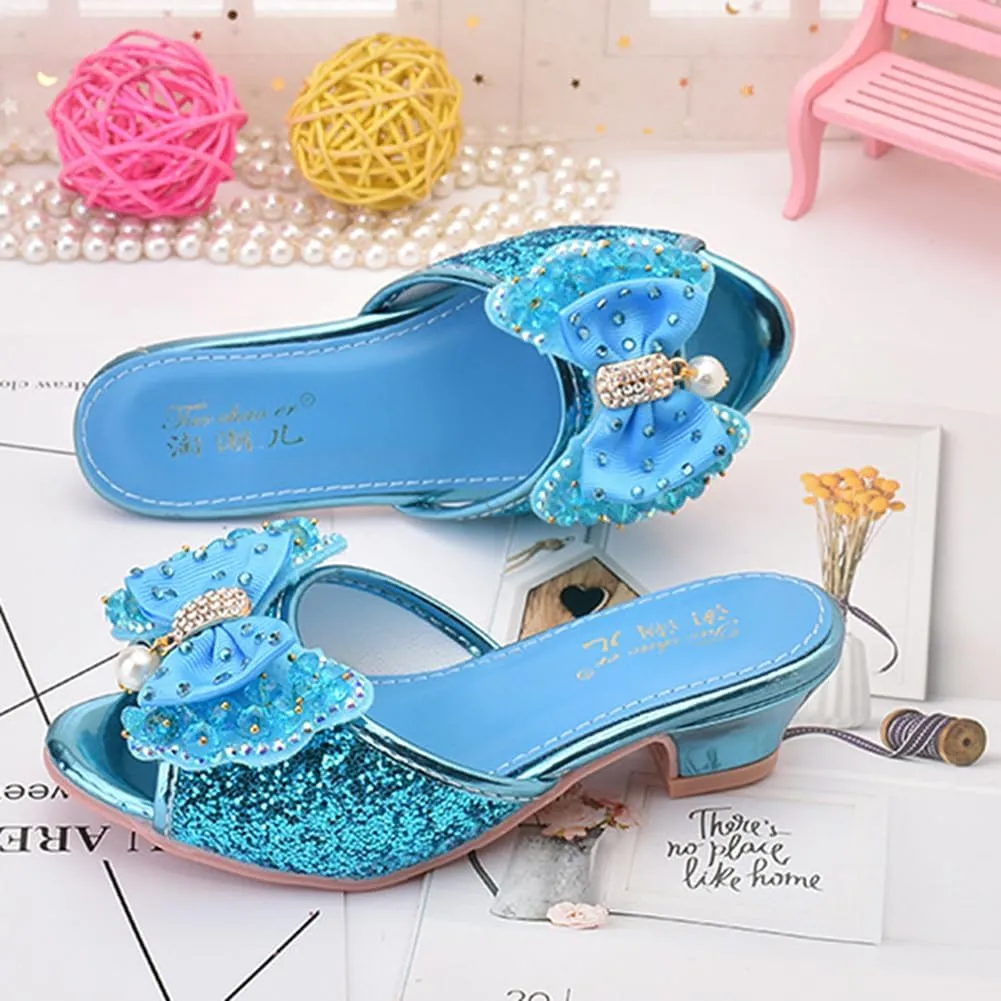 Girls Summer Low Heels Crystal Sandals Princess Bowknot Rhinestone Slides Pearl Slippers Shoes