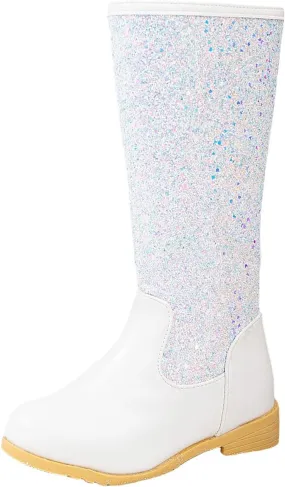 Girls/Kids hinestone Mid Calf Fleece Plush Boots Chunky Low Heel Comfortable Warm Lined Girls Toddler Leather Boots