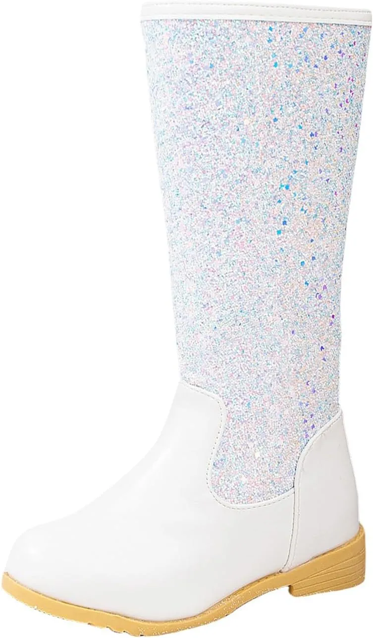 Girls/Kids hinestone Mid Calf Fleece Plush Boots Chunky Low Heel Comfortable Warm Lined Girls Toddler Leather Boots