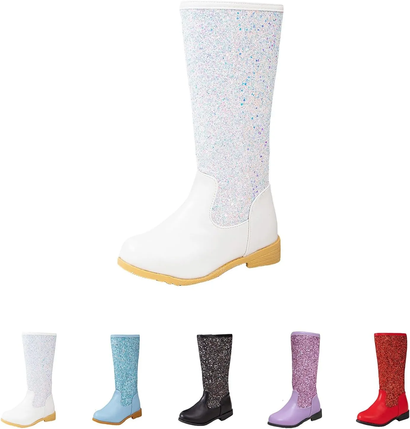 Girls/Kids hinestone Mid Calf Fleece Plush Boots Chunky Low Heel Comfortable Warm Lined Girls Toddler Leather Boots