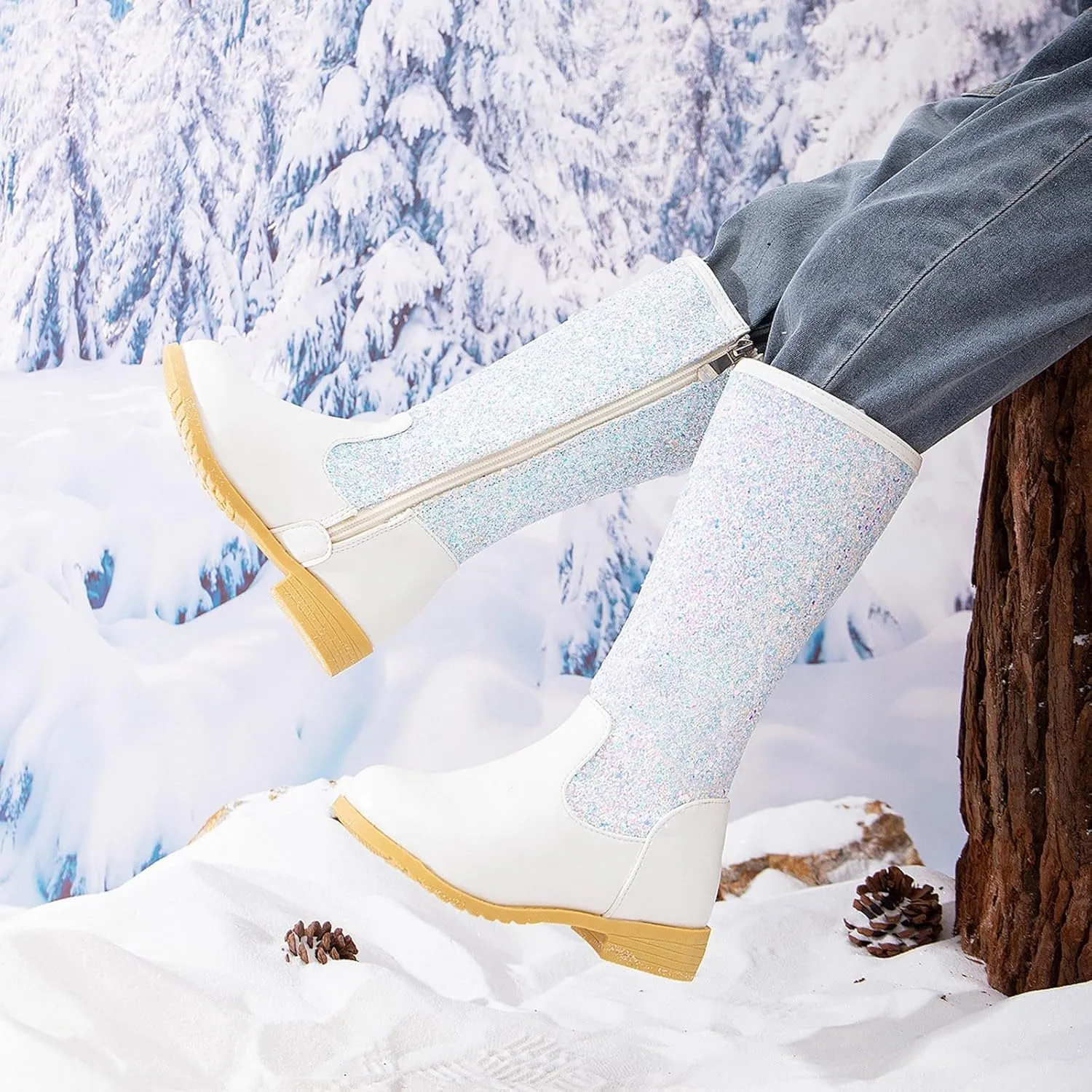 Girls/Kids hinestone Mid Calf Fleece Plush Boots Chunky Low Heel Comfortable Warm Lined Girls Toddler Leather Boots