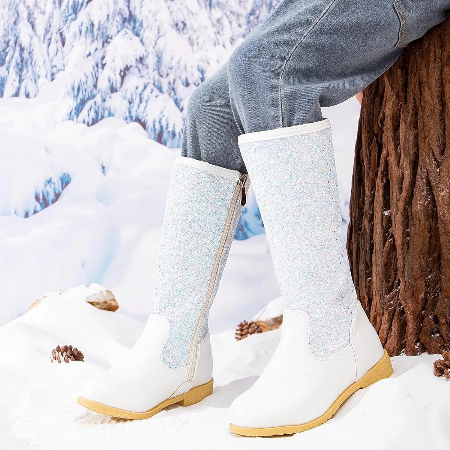 Girls/Kids hinestone Mid Calf Fleece Plush Boots Chunky Low Heel Comfortable Warm Lined Girls Toddler Leather Boots