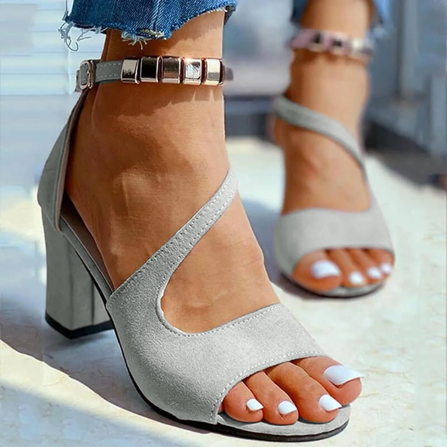 Gold Summer Sandals Women's Sandals Leather Fashion High-Heeled With Glittering Heeled Sandals for Women Closed Toe