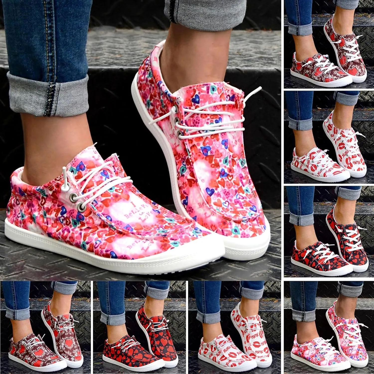 Gumipy Women's Canvas Shoes Valentine's Day Lace-Up Loafers Love Heart Print Sneaker Comfortable Lightweight Walking Shoes