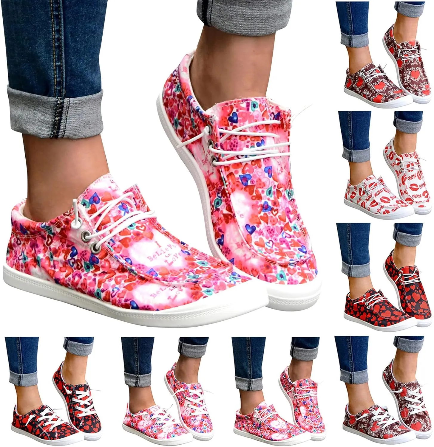 Gumipy Women's Canvas Shoes Valentine's Day Lace-Up Loafers Love Heart Print Sneaker Comfortable Lightweight Walking Shoes