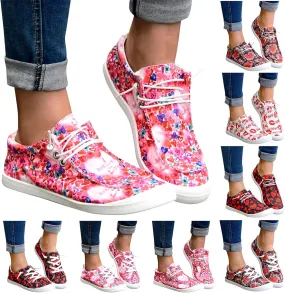 Gumipy Women's Canvas Shoes Valentine's Day Lace-Up Loafers Love Heart Print Sneaker Comfortable Lightweight Walking Shoes