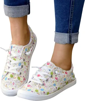 Gumipy Women's Lace-Up Loafers Valentine's Day Love Heart Print Fashion Sneaker Comfortable Lightweight Canvas Shoes Breathable Walking Shoes