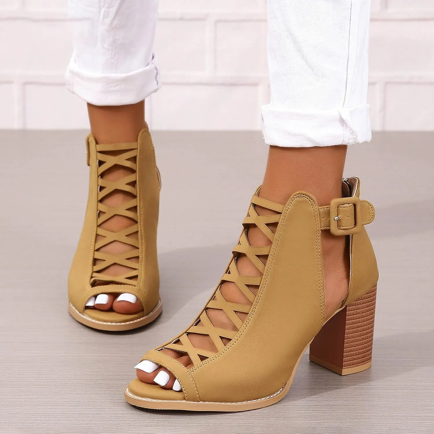 High Heels Pumps Women's Open Toe Booties with Block Heel and Side Comfortable and Stylish Cut Out Design Chunky Heel