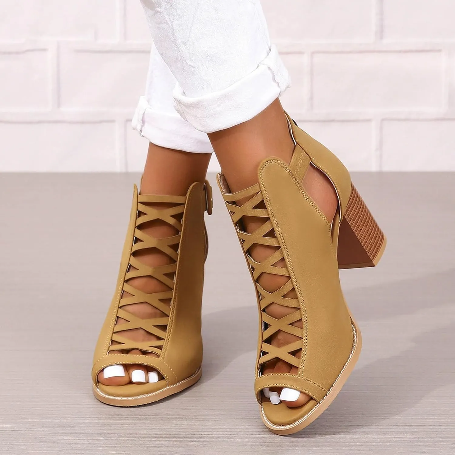 High Heels Pumps Women's Open Toe Booties with Block Heel and Side Comfortable and Stylish Cut Out Design Chunky Heel