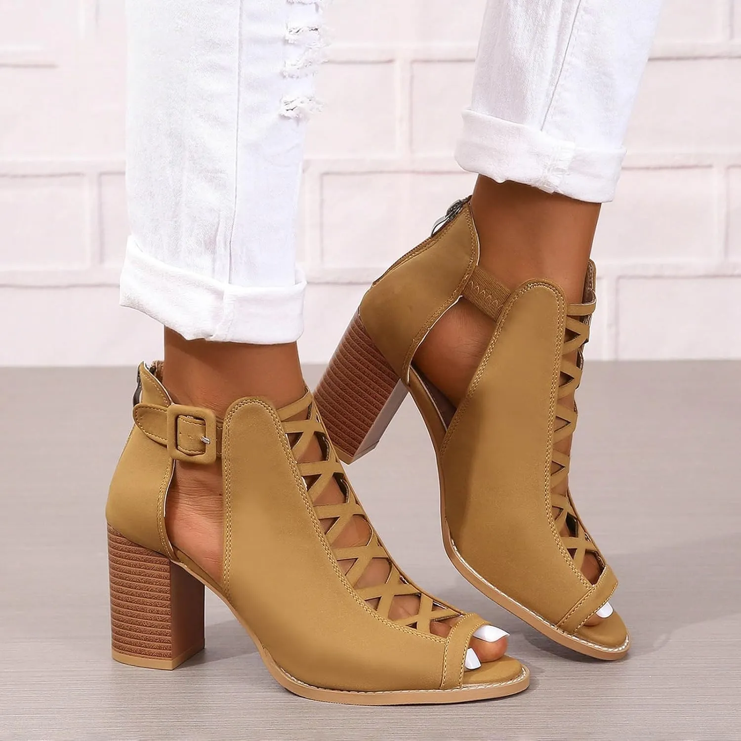 High Heels Pumps Women's Open Toe Booties with Block Heel and Side Comfortable and Stylish Cut Out Design Chunky Heel